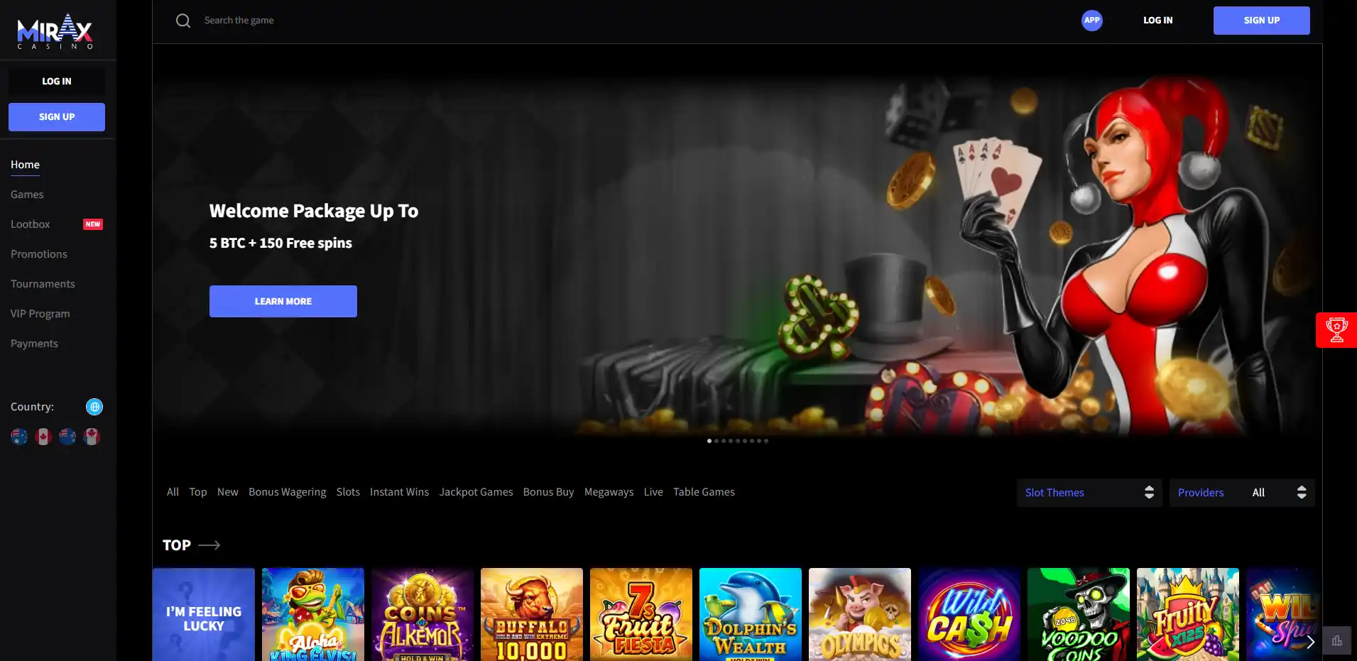 Mirax homepage showing casino navigation and game categories