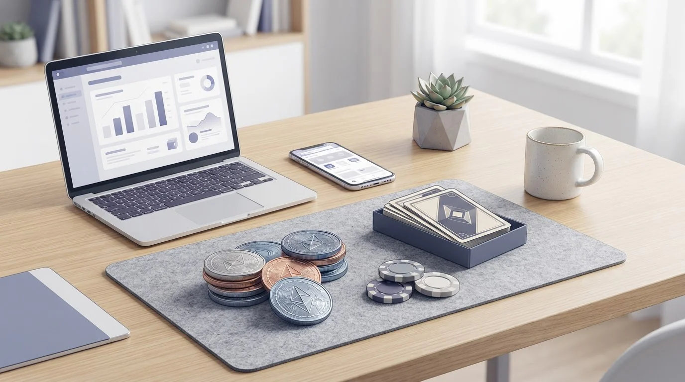 Bitcoin and other crypto coins beside playing cards and a smartphone