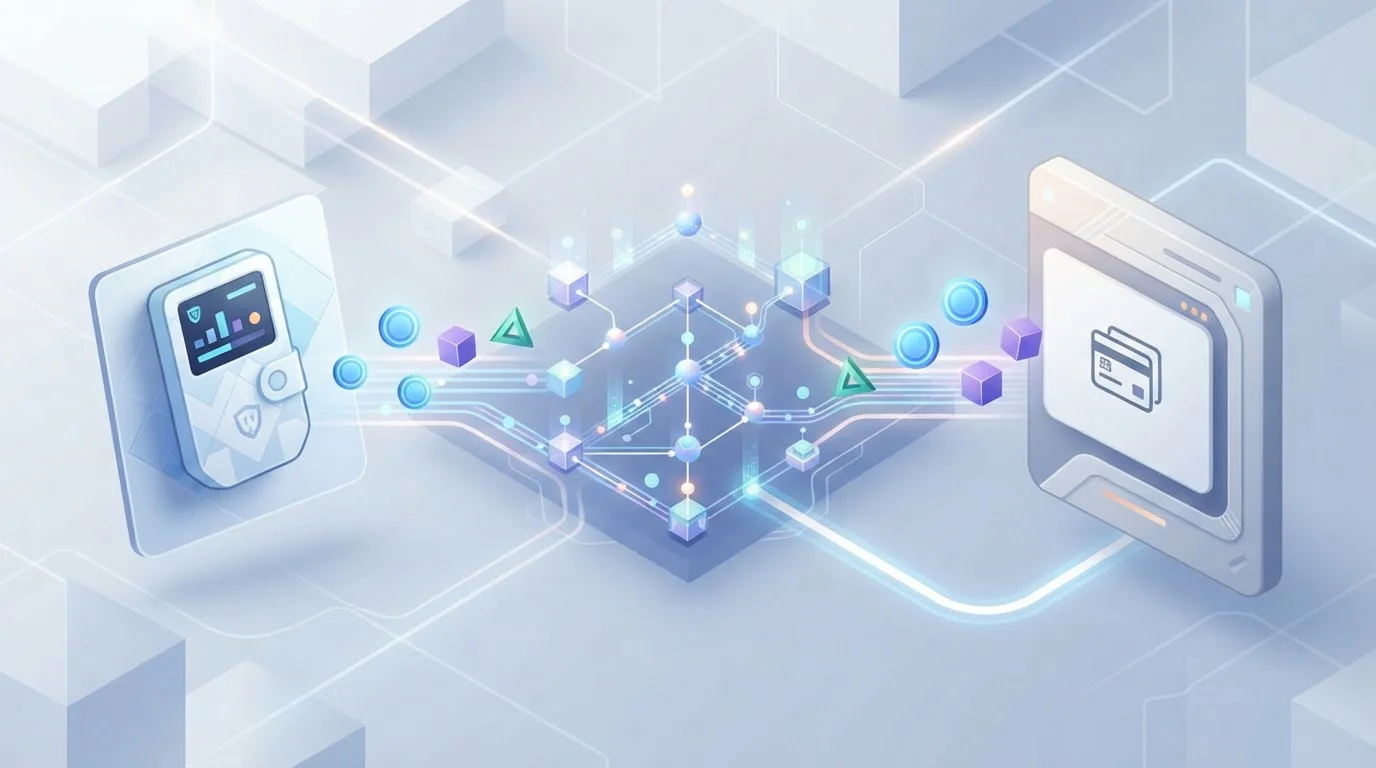 Crypto wallet connected to blockchain nodes and a payment screen