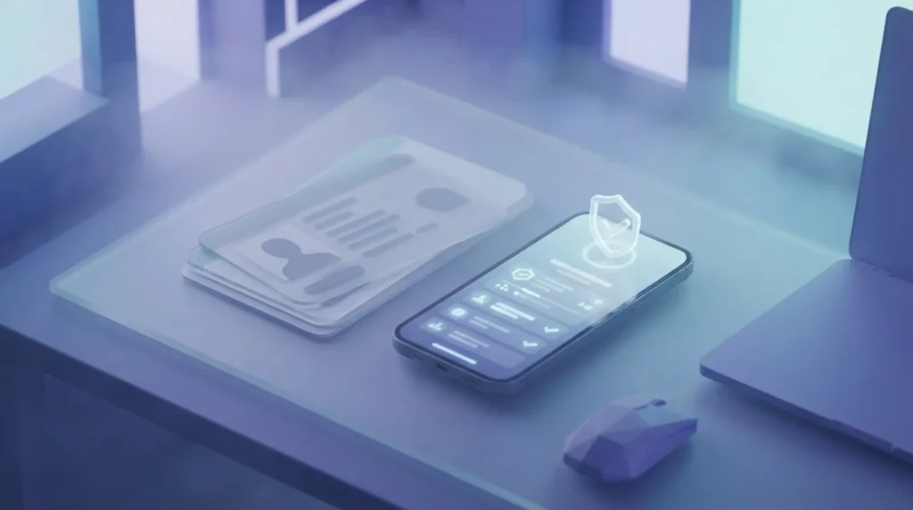 Identity documents beside a phone and a secure account check screen