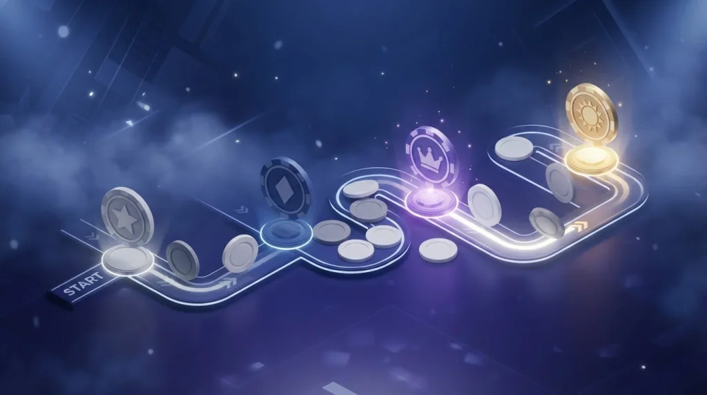 Casino chips moving through four bonus stages beside a progress track