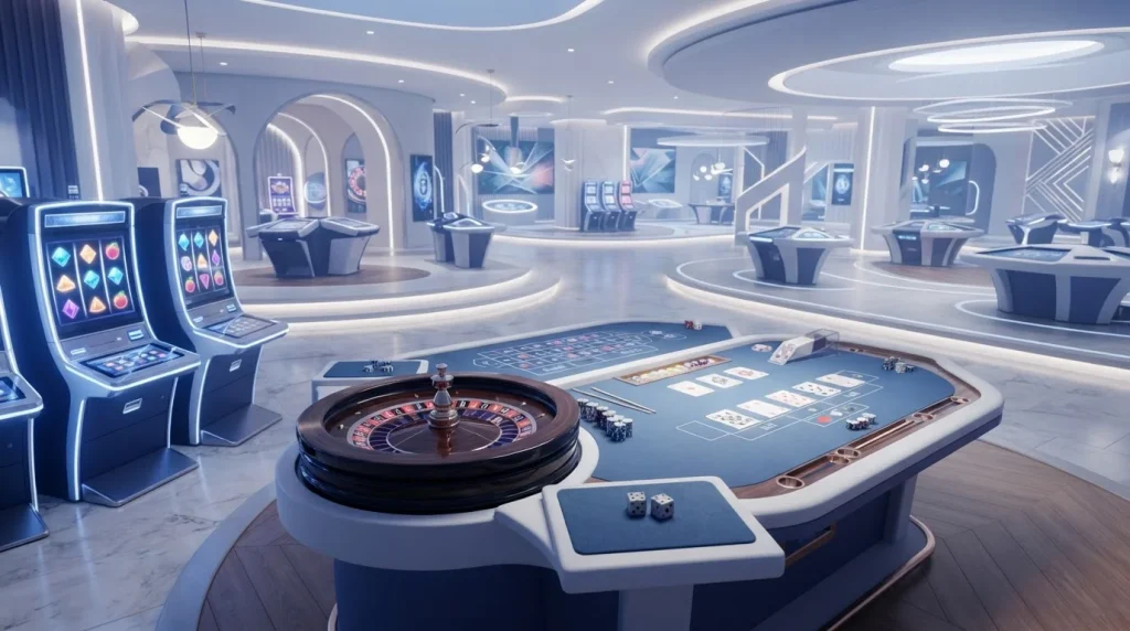 Casino tables, slot reels and dice arranged across a digital game library