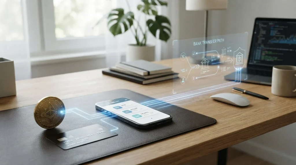 Crypto coins and bank cards connected to a digital payment flow