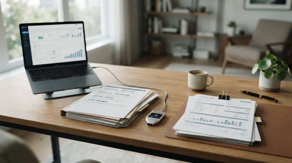 Gaming licence paperwork beside a laptop, wallet and transaction records