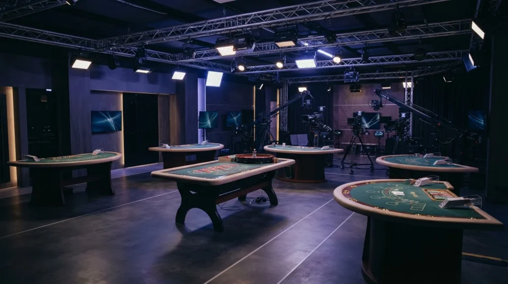 Roulette, blackjack and baccarat tables inside a modern live casino studio