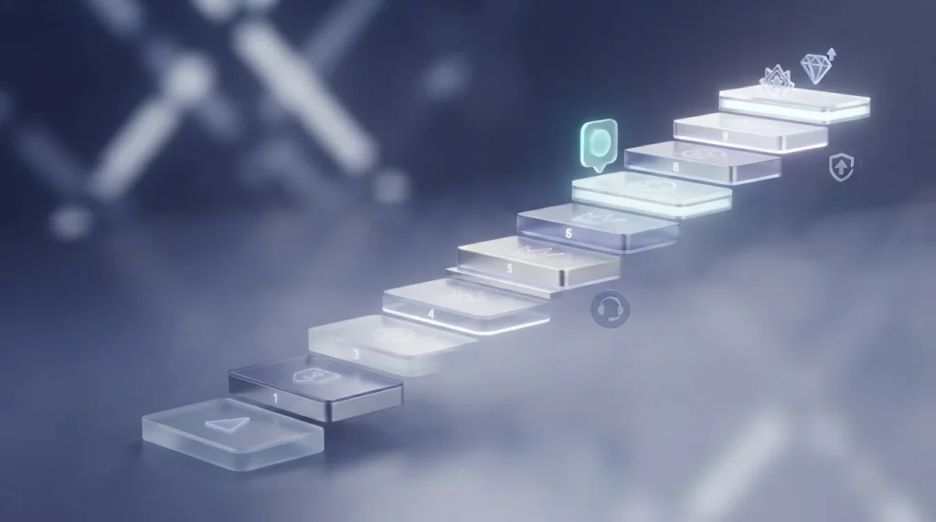 Ten ascending loyalty steps with reward icons and a cashback marker near the top